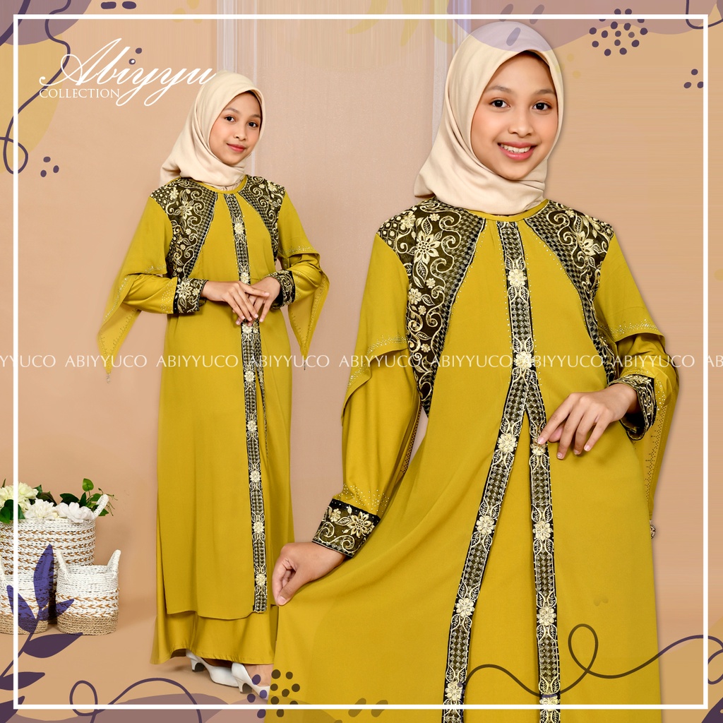 Abiyyuco TA9012A | Gamis Abaya Turkey Anak Perempuan Turki Remaja Tanggung Turkiy Couple Ibu dan Anak, ready warna hitam, maroon, hijau botol, navy, coklat, biru toska, kuning lemon, dan kuning kunyit, memakai bahan jersey dan ceruty