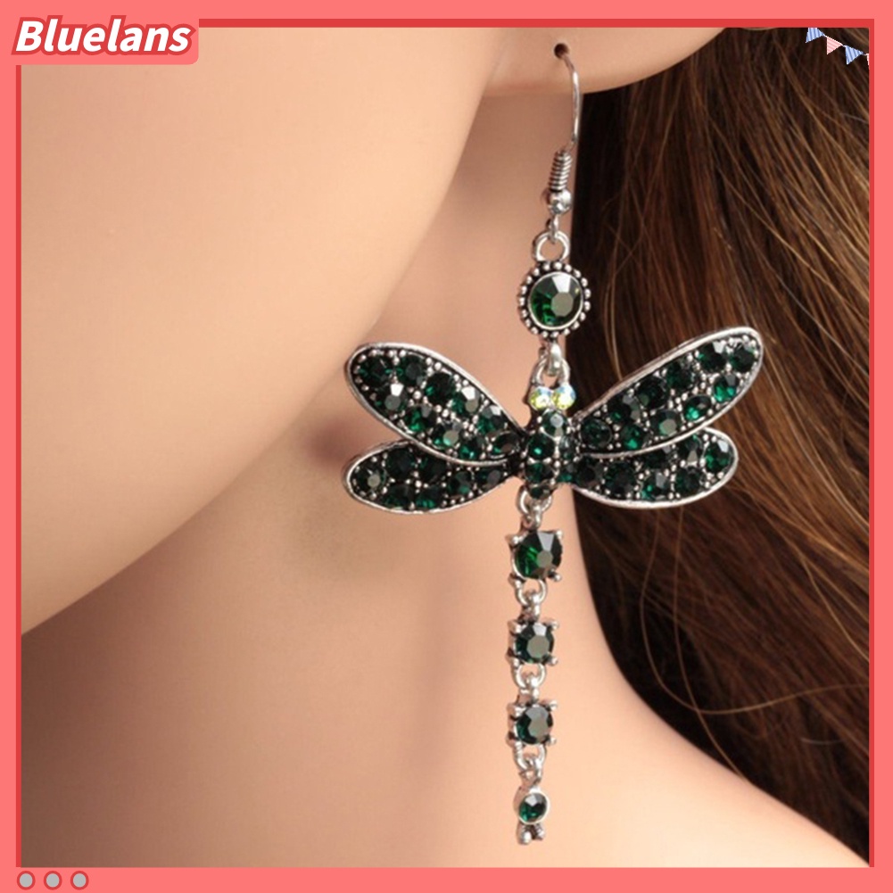 Bluelans Women Dragonfly Shape Dangle Rhinestone Hook Statement Earrings Jewelry Gift