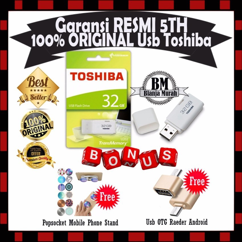 Toshiba USB Flash Drive 32GB - White GRATIS Usb OTG Reader Andorid &amp; Popsocket Mobile Phone