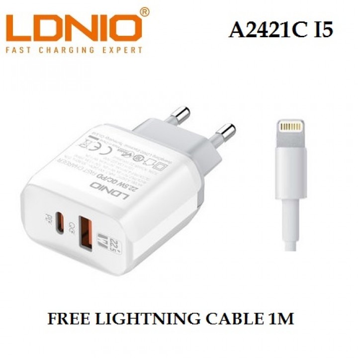 LDNIO A2421C I5 - Dual USB Charger QC 3.0 PD 22.5W For Lightning Cable