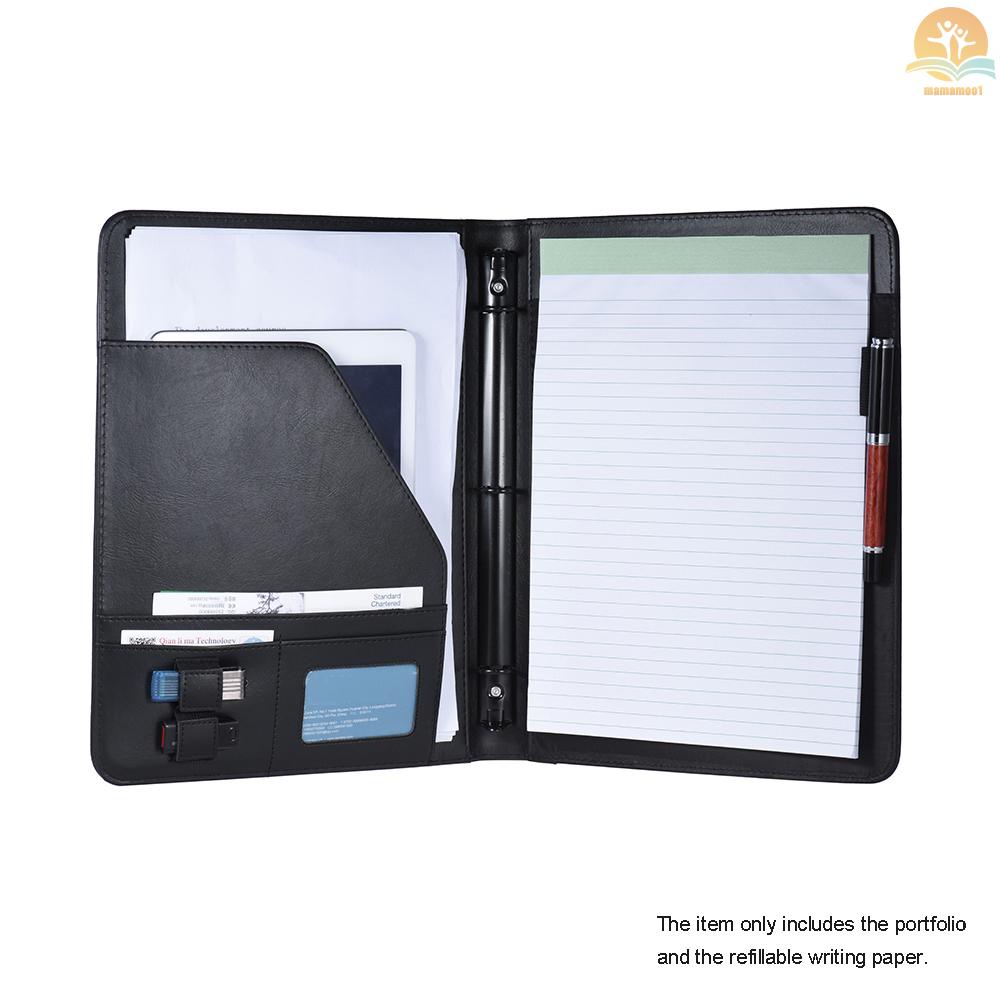 Professional Business Portfolio Padfolio Folder Document Case Organizer A4 PU Leather with Business Card U Flash Disk Holder Memo Note Pad Loose-leaf Loop