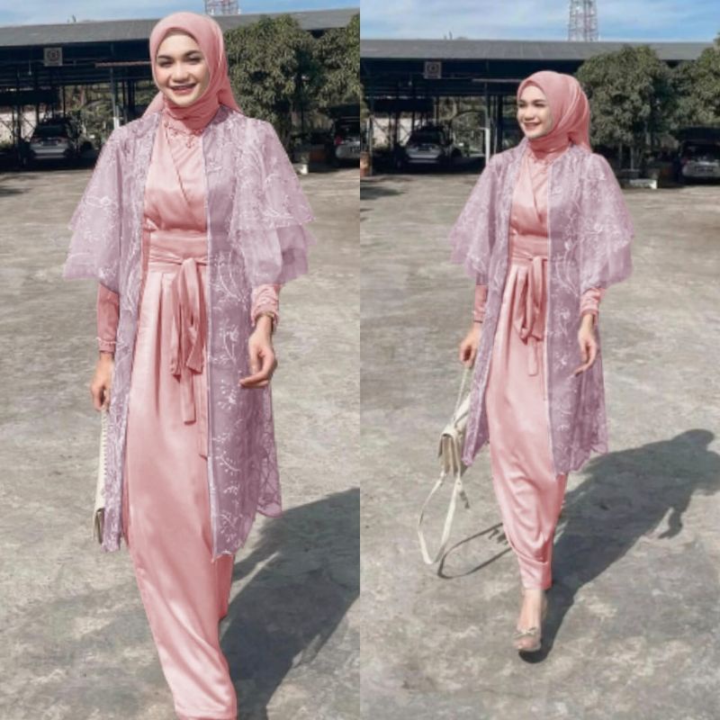 Set gamis brokat remaja terbaru 2022 Dress pesta modern mewah + outer cardigan brukat elegan model k