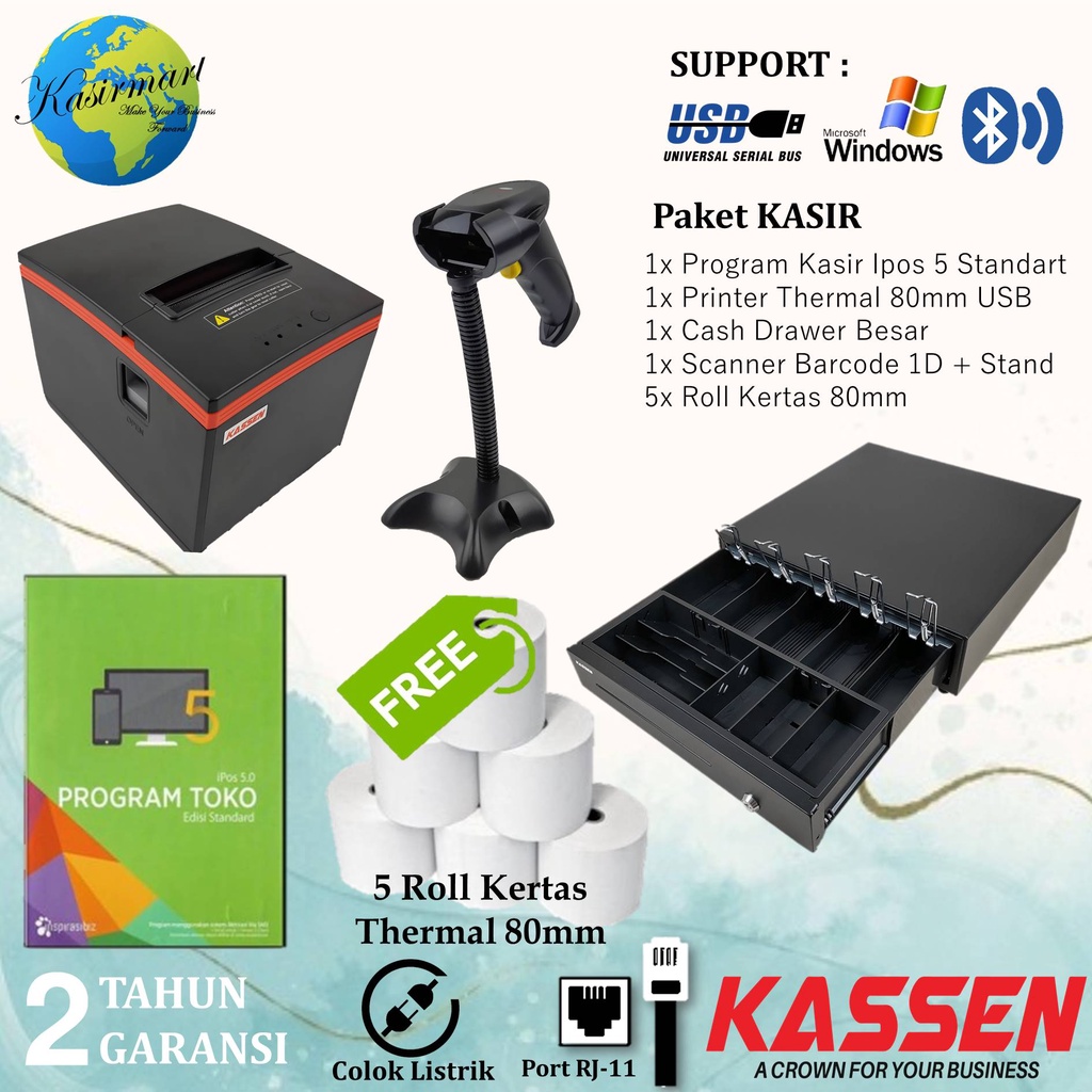 paket kasir ipos 5 standart   scanner barcode 1d usb plus stand   printer struk thermal 80mm usb usb