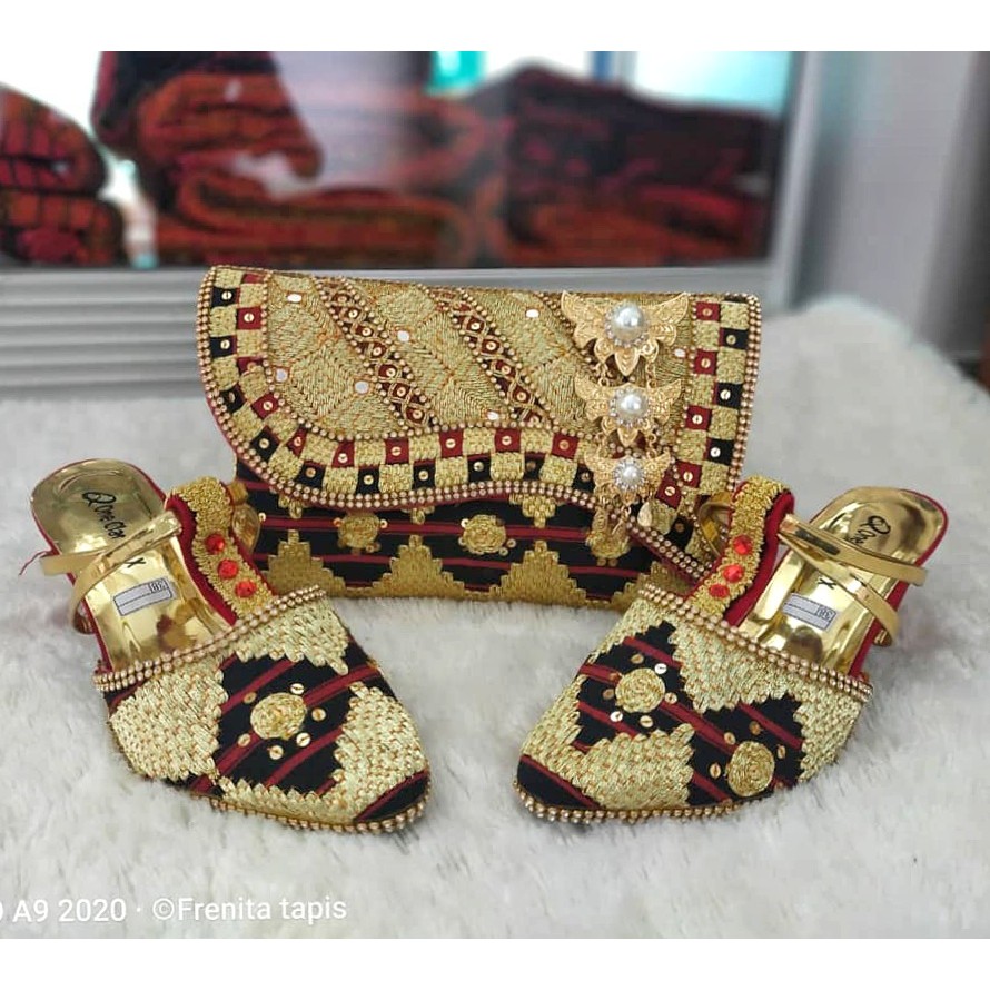 [BISA COD] Sepasang Clutch Tapis Size S M L + Selop Heels Tapis