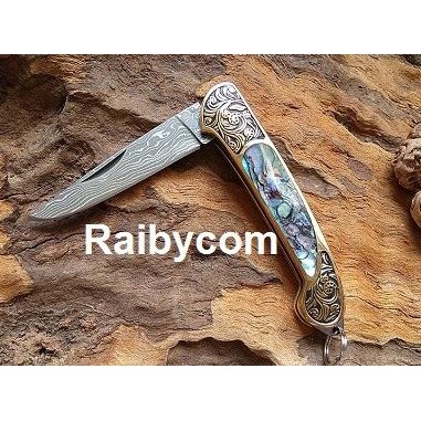 Pisau Lipat Unik Handmade Baja Damaskus Damascus Pocket Folding Knife