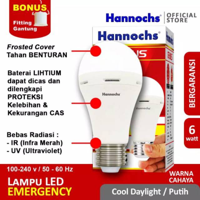 Hannochs Genius Bohlam LED 6 watt Lampu Emergency AC/DC - Cahaya Putih