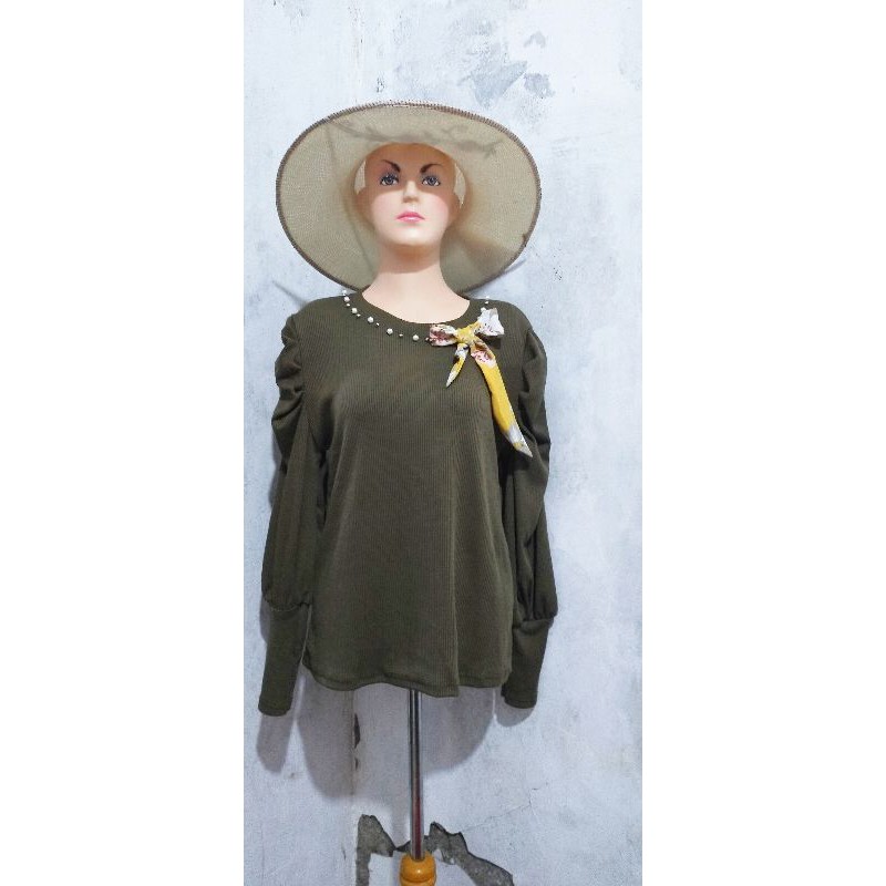 atasan tangan balon impor /semi rajut/ knit/ atasan balon pita mutiara murah