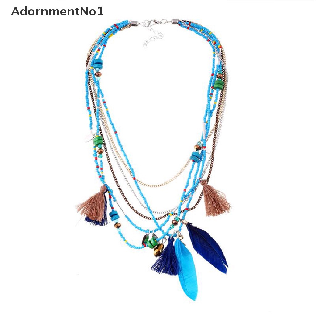 (AdornmentNo1) Kalung Rantai Banyak Lapis Dengan Liontin Bulu + Rumbai Warna-Warni Boho Untuk Wanita