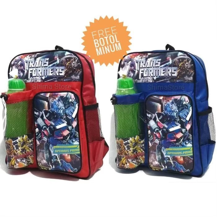 Tas Ransel Sekolah Backpack Anak Laki Laki Transformers Paud TK SD Free Botol