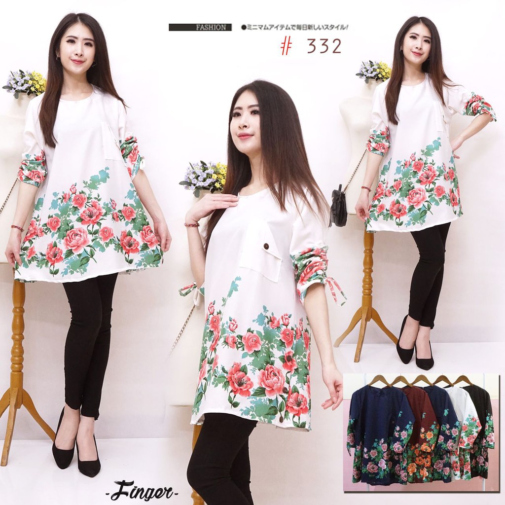 JakartaFashion - blouse linen motif bunga lengan serut kantong lipat aksen kancing batok elegan