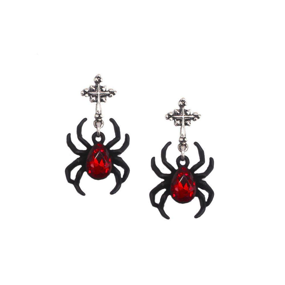 Preva Anting Halloween Fashion Wanita Gantung Laba-Laba Gaya Punk Gothic Berlian Imitasi Merah