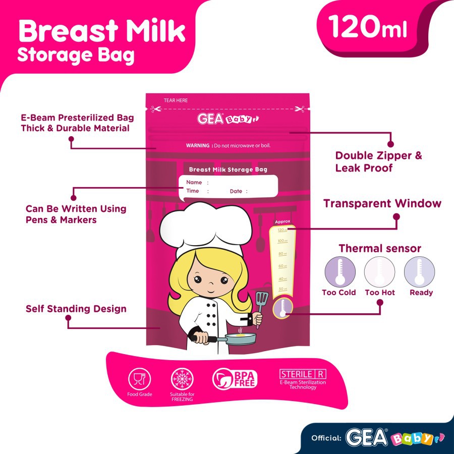 GEA BABY BREAST MILK STORAGE BAG 120ML ISI 30PCS CHEF MAGENTA / KANTONG ASI