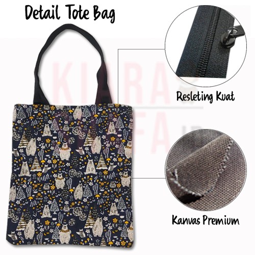 Kiarashafa - Tote Bag Bahan Kanvas Penutup Resleting Motif Kekinian