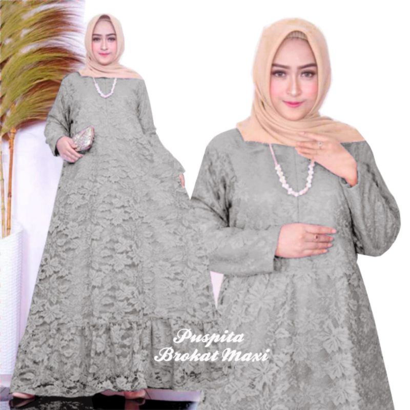 ELDE 5 - Puspita maxi JUMBO dress gamis brukat termurah L XL 3XL 5XL lapis furing seleting depan pinggang blkg karet