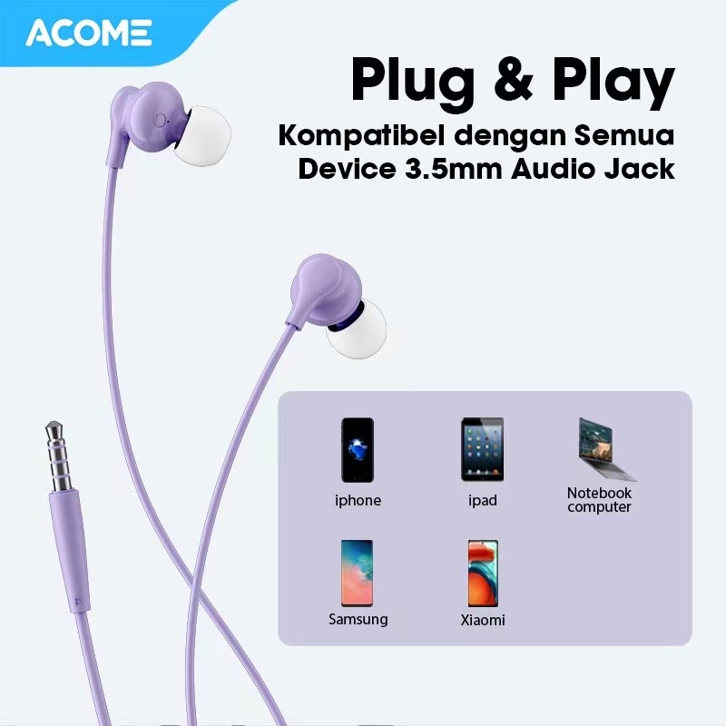 Acome Wired Earphone Headset Driver White Magnetic Speaker Garansi Resmi 1 thn AW07