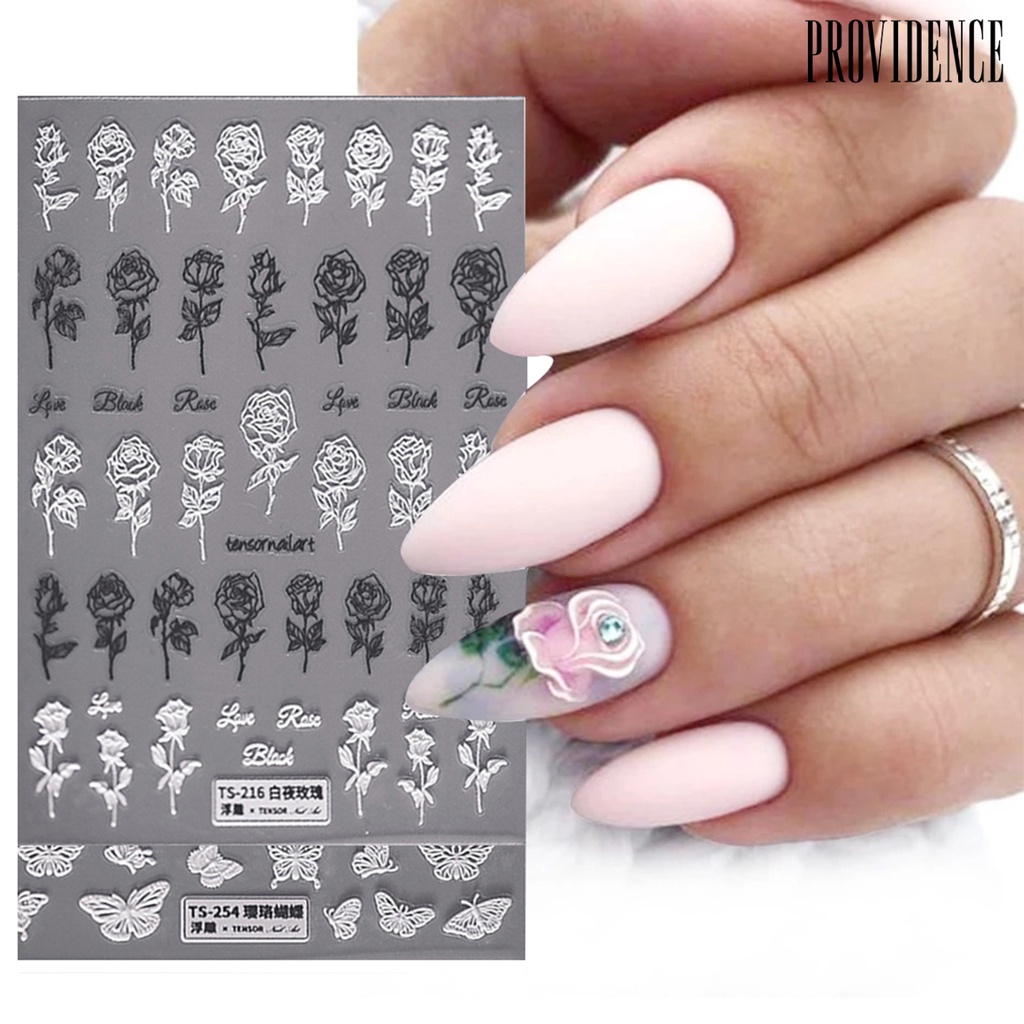 Providence 5D Nail Embossed Sticker Engraved Multiple Shapes Non-Fading White Nail Sticker Rose Feather Design Transfer for Manicure