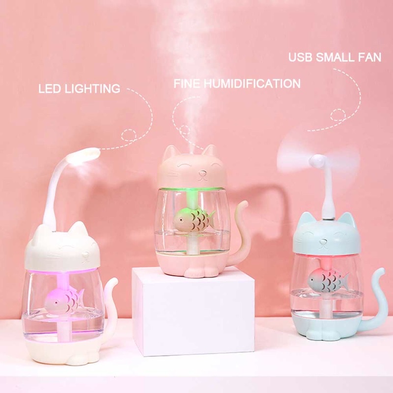 3 in 1 Air Humidifier Aromatherapy Oil Diffuser Cat Kitty 350ml with Fan + LED Lamp - Pink