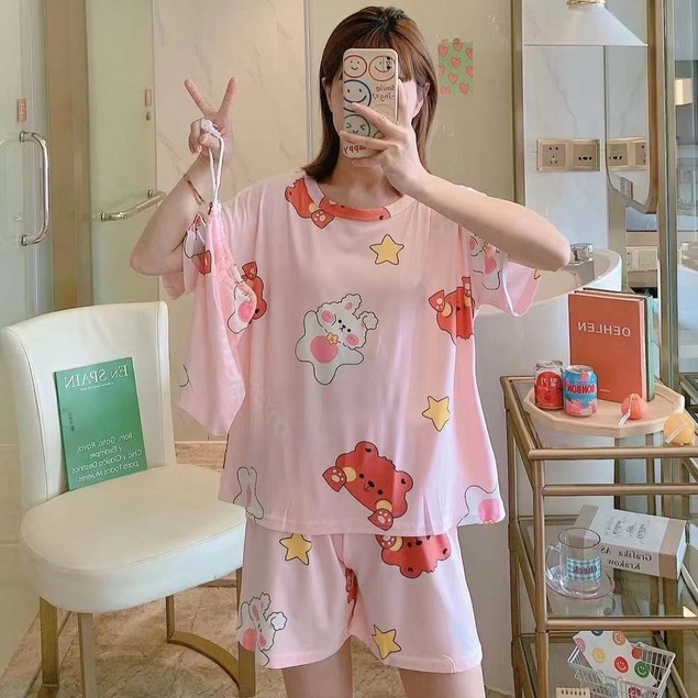 Piyama Baju Tidur Import Wanita Fashion Sleepwear Spandex Stelan Rumah Baju Santai Celana Pendek z-POUCH-Star Bear Pink