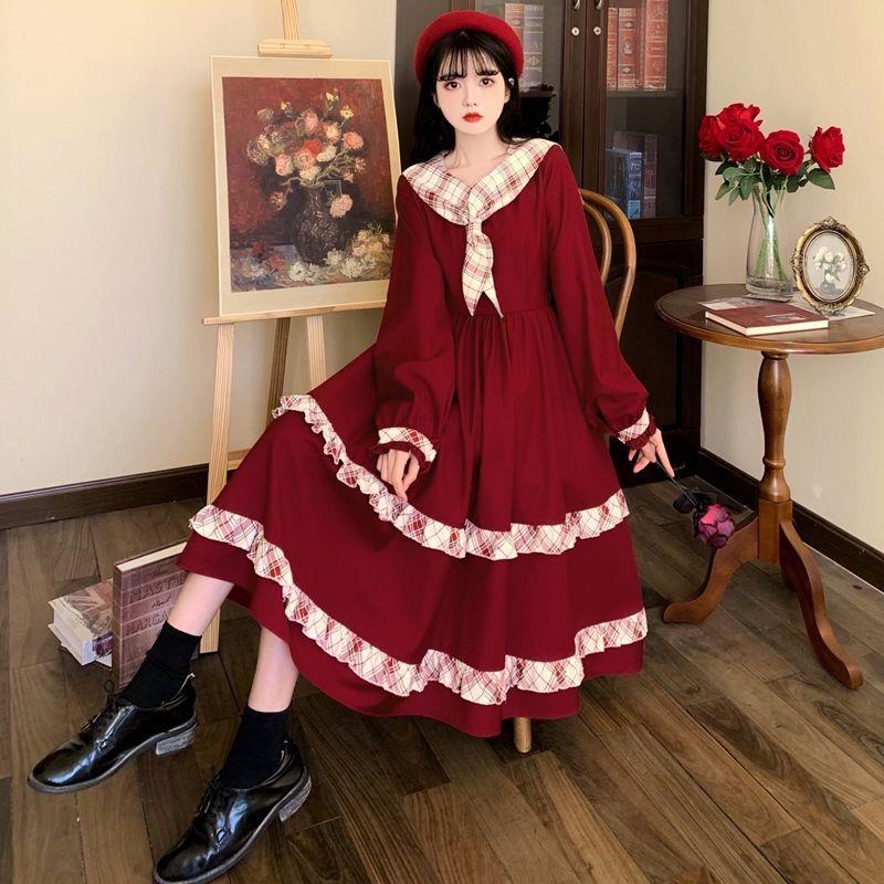 2021 college style minority wine red dress Japanese sweet girl autumn and winter age reduction antiq