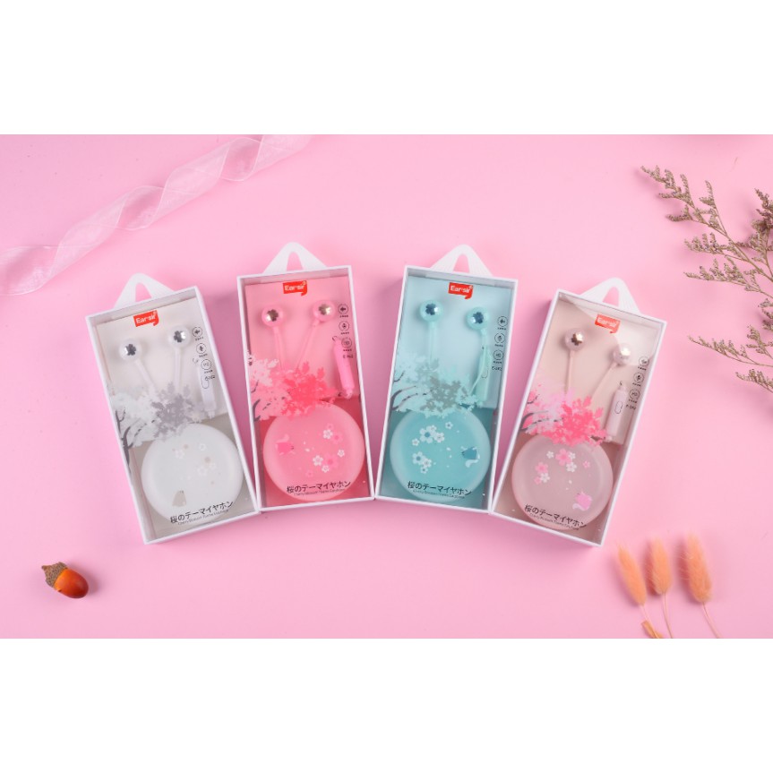 [E-162] Headset Earphone Motif Gambar Bunga SAKURA / Wadah Earphone Motif SAKURA Elegan Simple Unik
