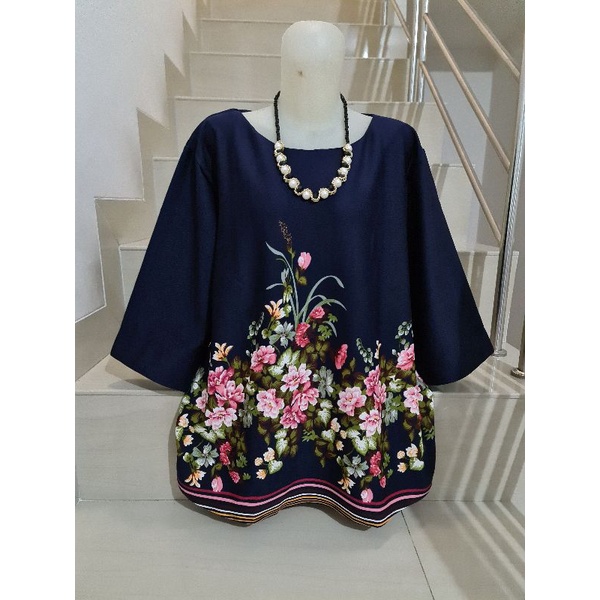 Blouse Scuba Premium Import Jumbo 2XL-3XL-Motif D - Navy