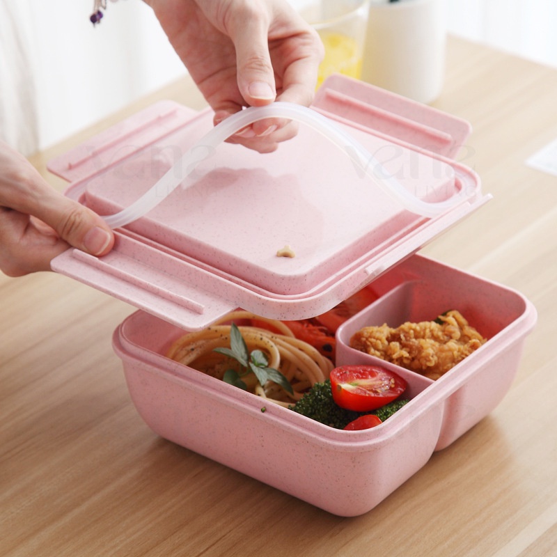 Vana Tempat Makan Jerami Gandum Lunch Box 3 Color 1100 ML with Free Peralatan Sendok Sumpit BPA Free Cocok Untuk Makanan Anak Kantor