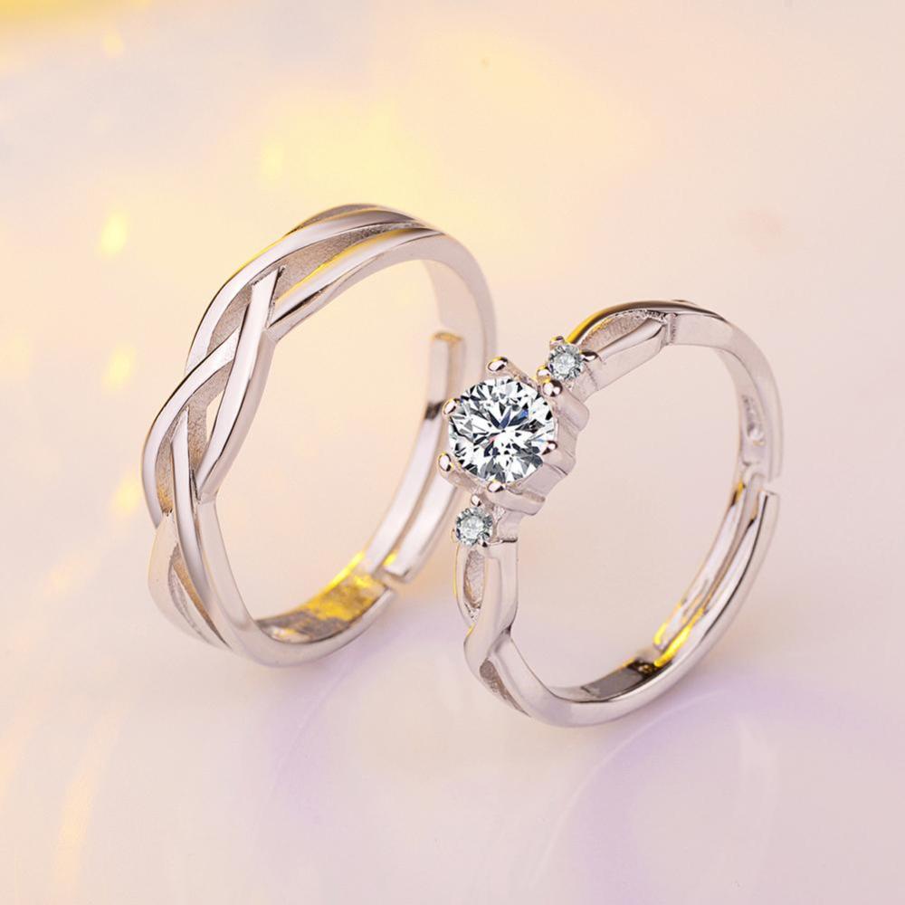 Timekey Cincin Pasangan Adjustable Hias Zircon Untuk Hadiah Valentine A8K6