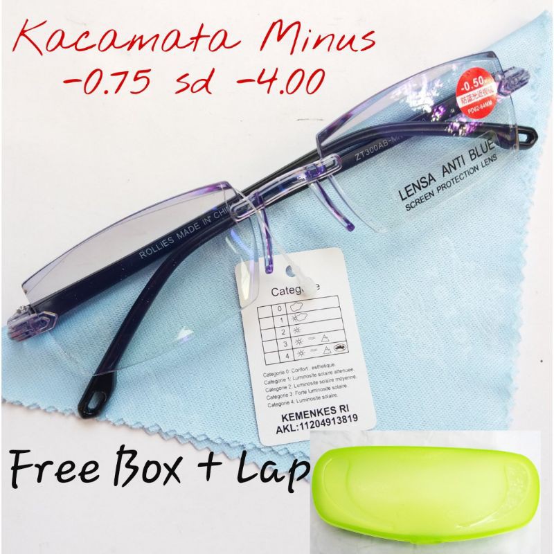 Kacamata Minus -0.75 sd -4.00 AntiBlue Pria Wanita TC227 + BOX