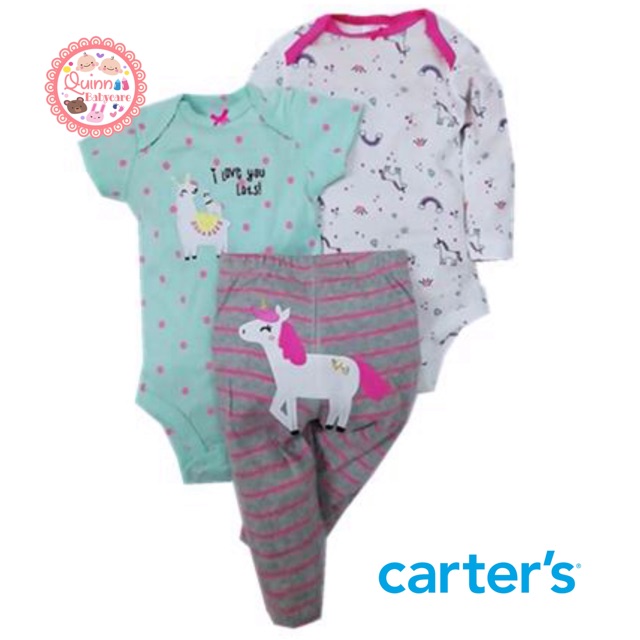 Jumper Carter's Girl set 3 in 1 Love Unicorn/ Romper bayi Carter's Girl set