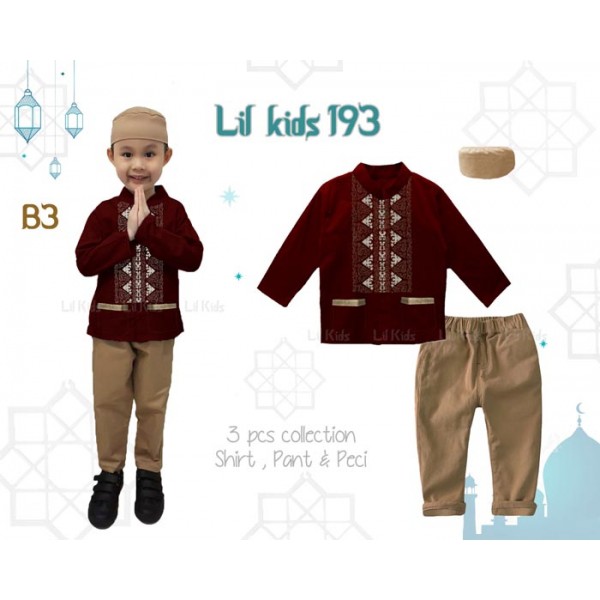 IMPORT LK193 B3 Baju Koko Muslim Anak Merah Maroon Marun Peci Celana Panjang India Pakistan LK193