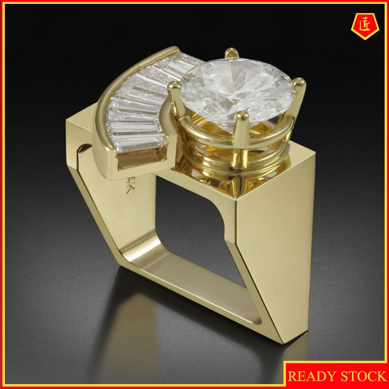 [Ready Stock]Inlaid Trapezoidal Square Diamond Ring 18K Gold Creative Personality