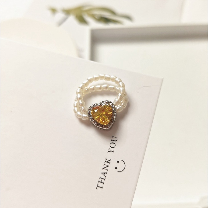 Cincin Mutiara Berlian Imitasi Bentuk Hati Bahan Alloy Untuk Wanita