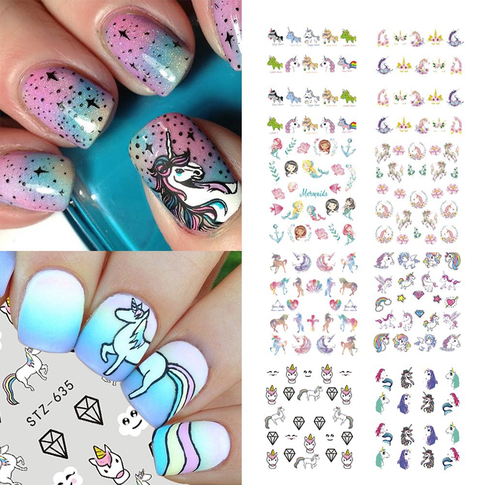  Stiker  Nail Art Transfer Air Desain Kartun Unicorn Warna  