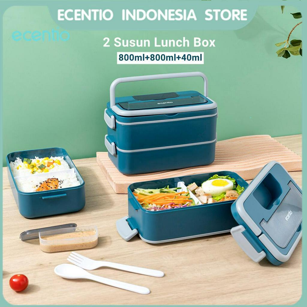 ecentio 2 Susun rantang lunch box anti bocor kotak makan anti percikan tempat bekal free sendok