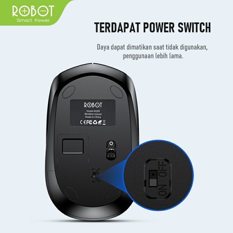 ROBOT Mouse Wireless M205 2.4G 800 - 1600DPI Receiver USB Garansi Original Resmi