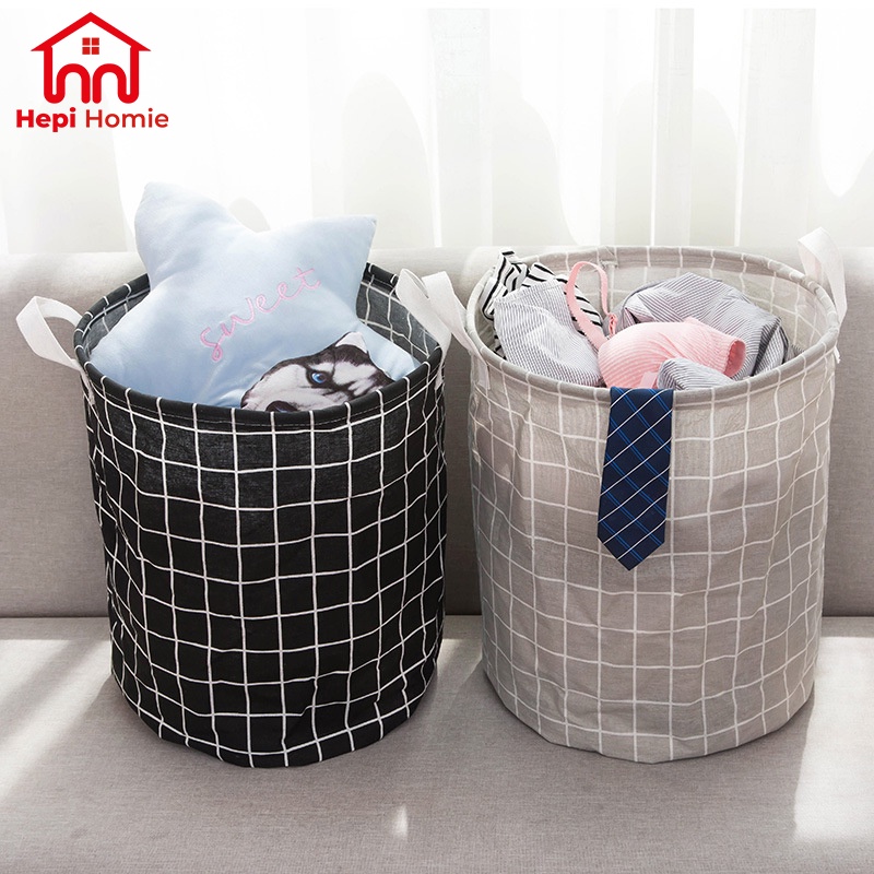 [HH] KERANJANG LAUNDRY BAJU CUCIAN PAKAIAN KOTOR BAHAN KAIN MOTIF BULAT LIPAT / BASKET STORAGE BAG