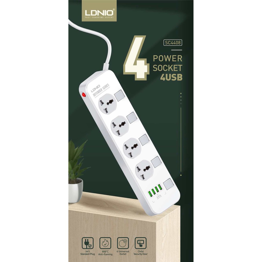 LDNIO SC4408 - Power Strip with 4 Universal Plug and 4 USB Port - Stop Kontak dengan port USB