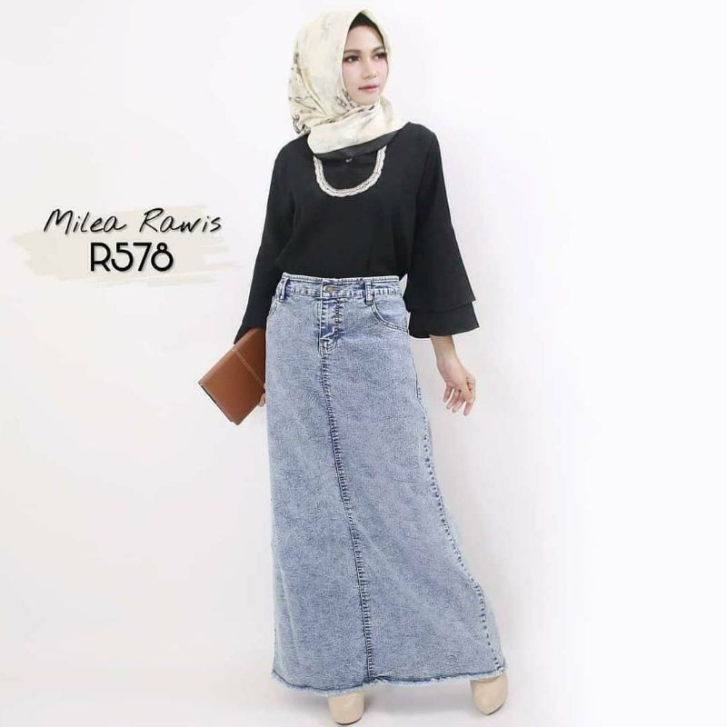 ROK SPAN JEANS WANITA SNOW RAWIS & NON RAWIS | rok jeans | rok panjang | pencil skirt jeans