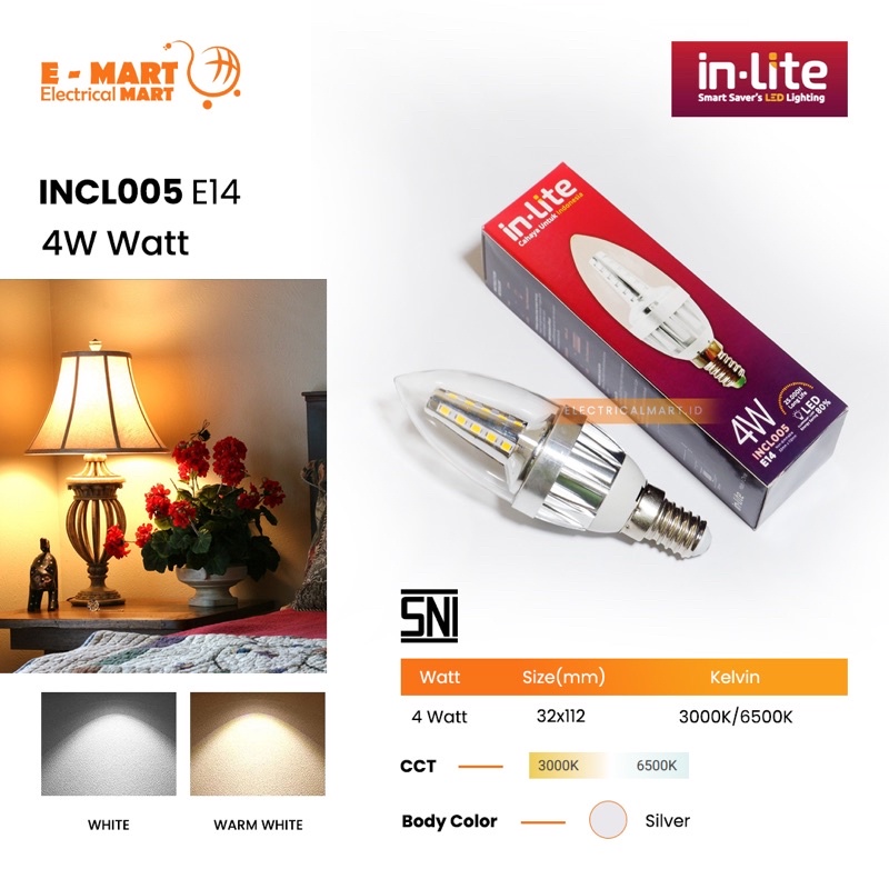 INLITE LED CANDLE 4Watt E14 KUNING INLITE LAMPU CANDEL Warmwhite Putih