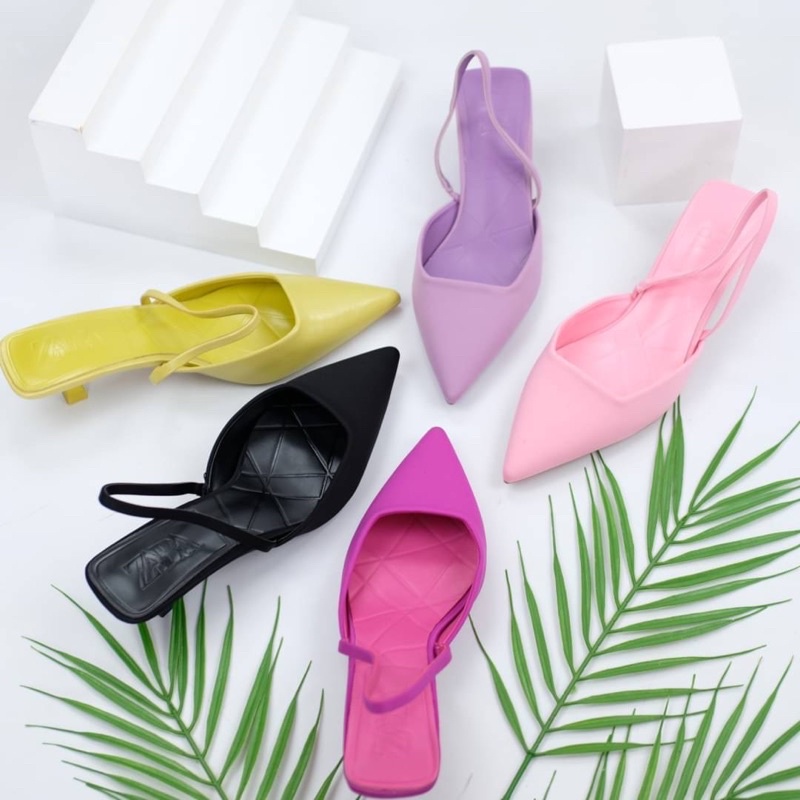 Sepatu Hak Rendah Wanita ZR Slingback Mit Kitten High Heels 2,5cm Premium Import Hitam Black Kuning 