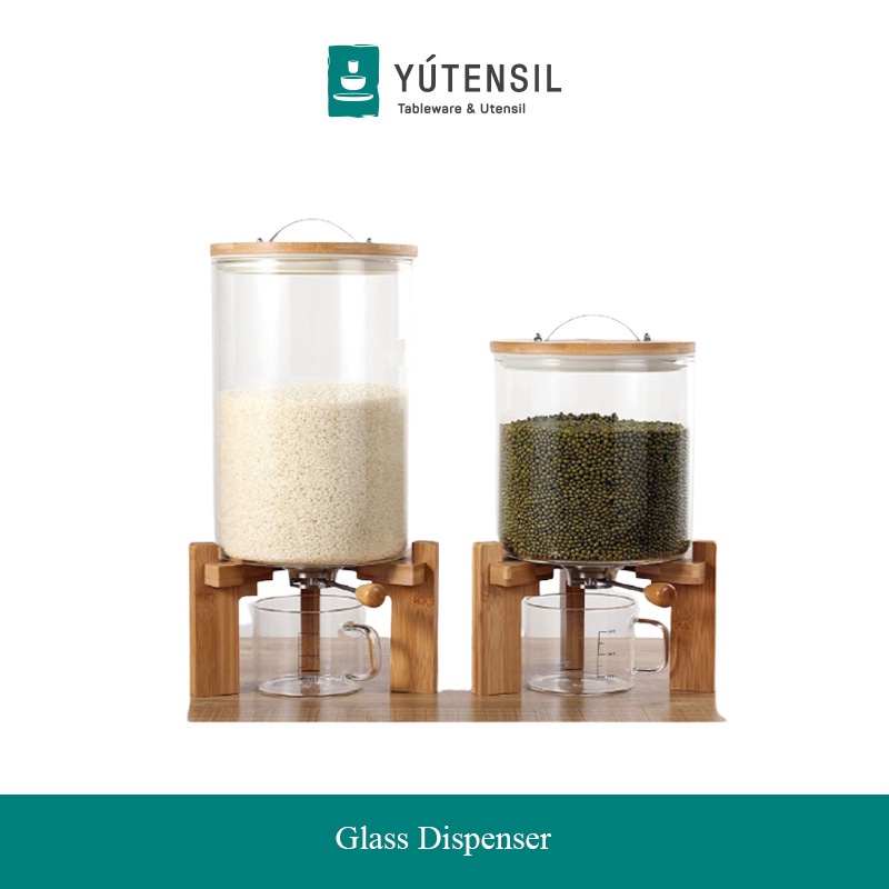 Yutensil Dispenser Tempat Beras Kaca Wadah Kayu Set / Rice Storage Barrel