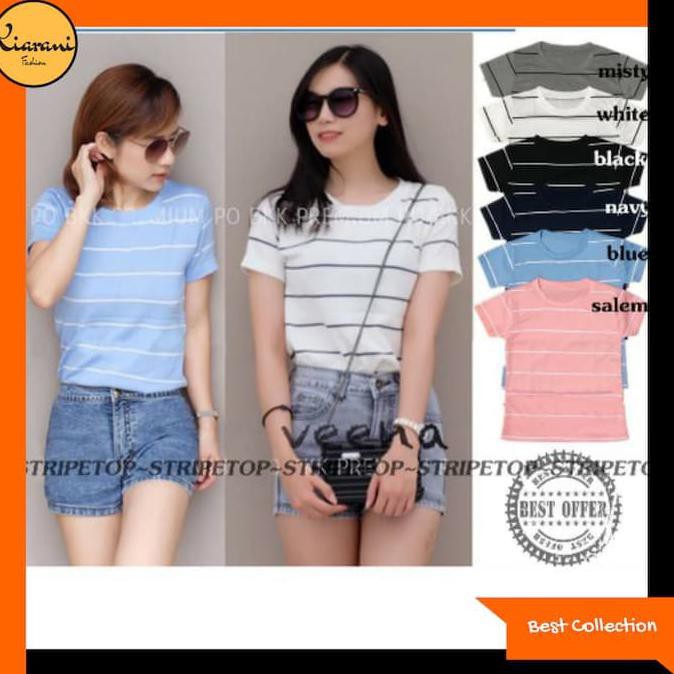 Terbaru Baju Kaos Wanita T shirt Wanita Stripe Top 101 - Putih