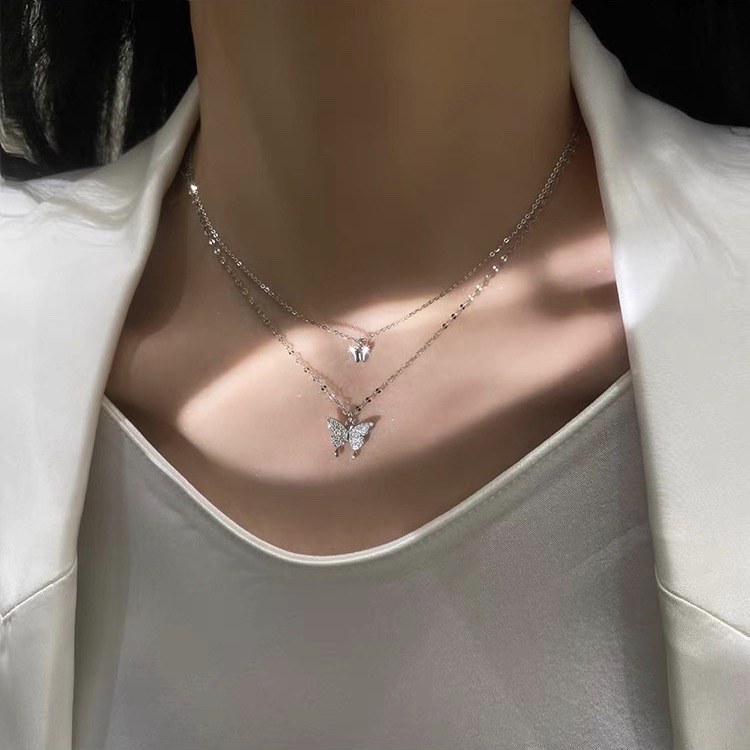 Kupu-Kupu Lapisan Ganda Kalung Rantai Liontin Kristal Berlian Zirkon S925 Perak Emas Wanita Fashion Perhiasan Pendant Necklace