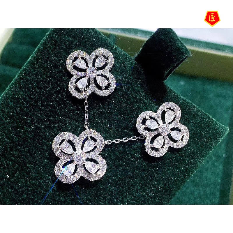 [Ready Stock]Fashion Four-Leaf Clover Moissanite Ear Stud Necklace