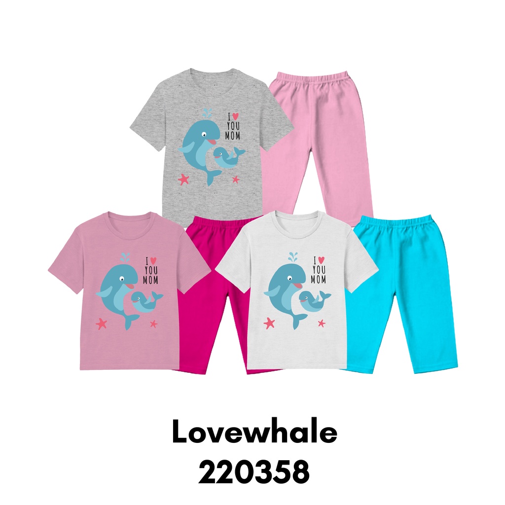 Piyama Anak Lengan Pendek Love Whale Untuk Usia 2-8 Tahun Bahan Katun Combed 30s