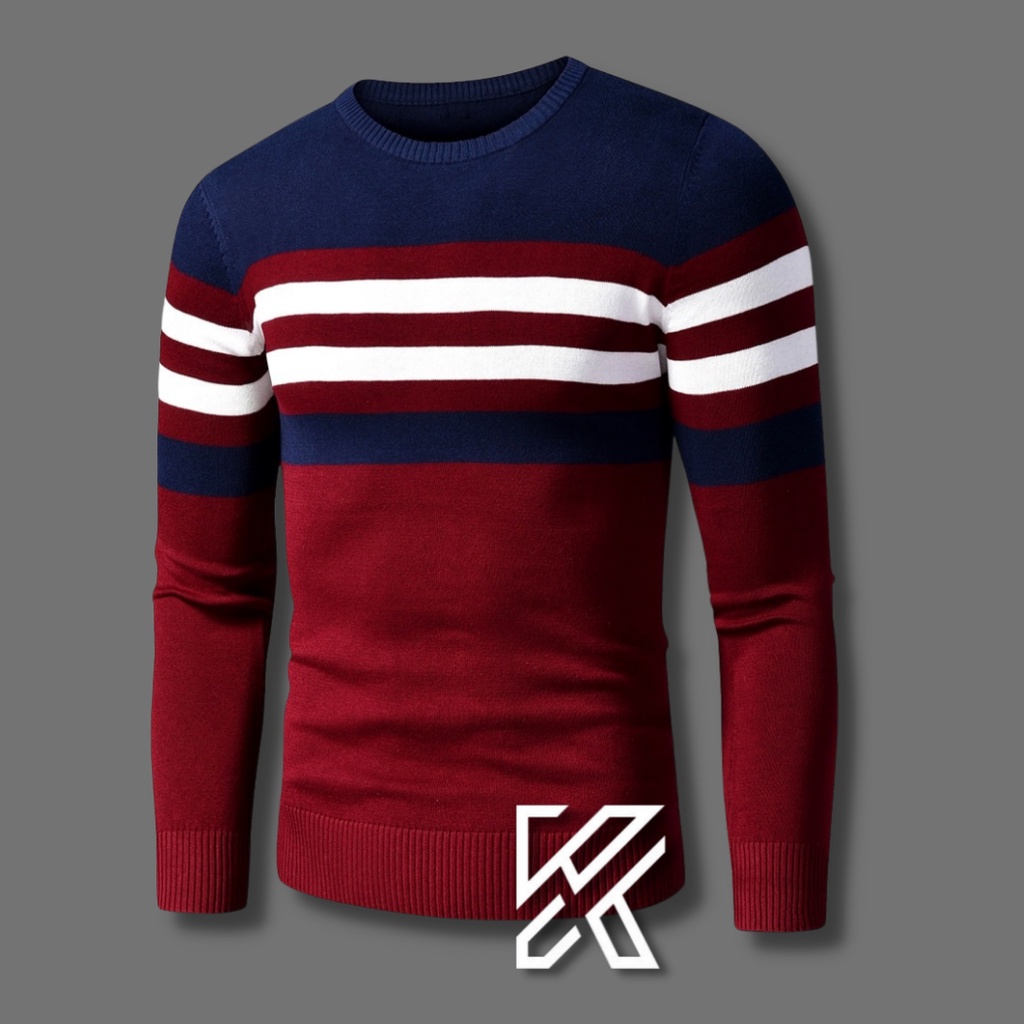 Sweater Rajut Pria Bahan Tebal 7 Gauge Modis Korea Style Motif Garis Croos Line..