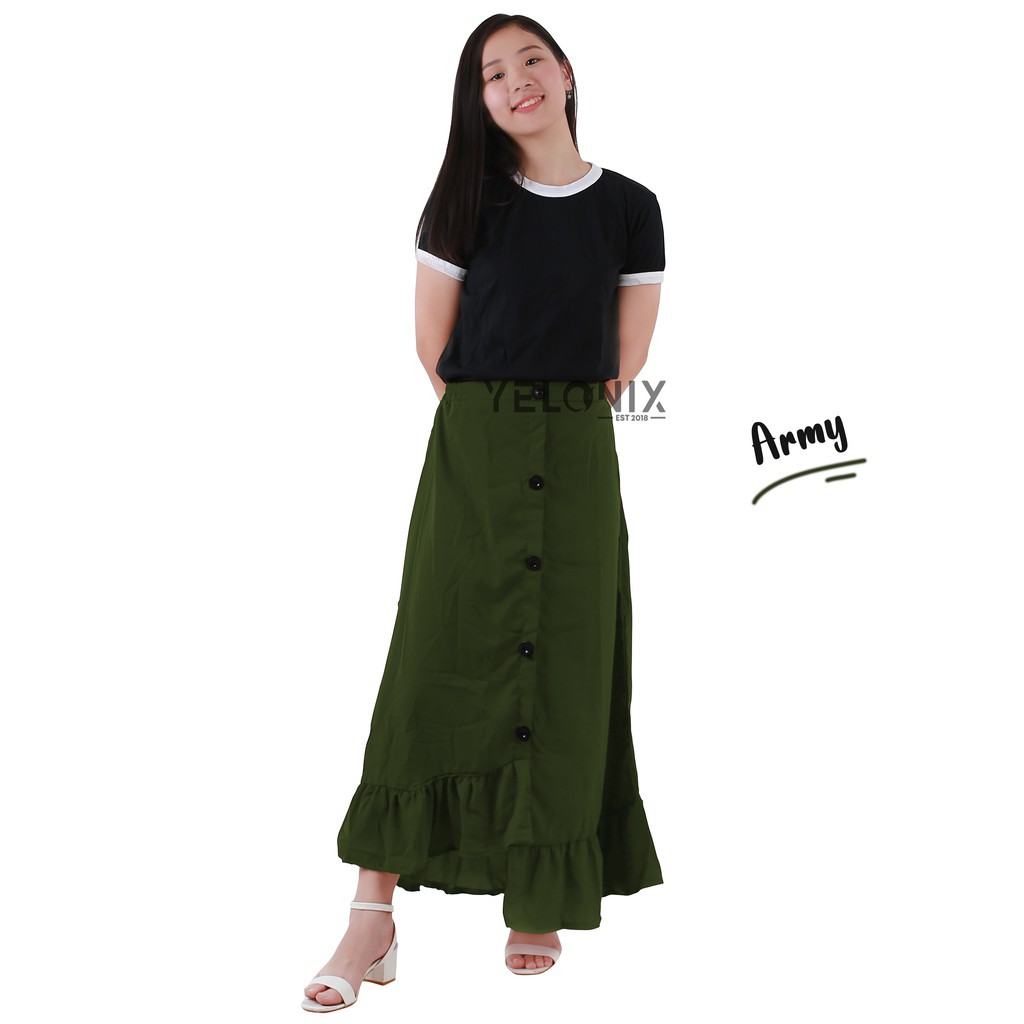Rok Ruffle PANJANG Rample Korea Rok Kancing Button Skrit Pinggang Karet - YELONIX-HIJAU ARMY
