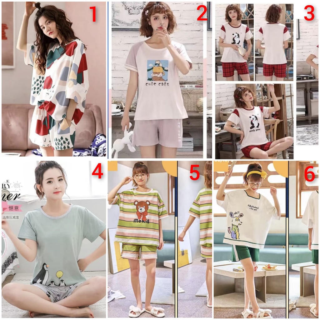 Baju tidur piyama lengan pendek celana pendek bahan kaos import