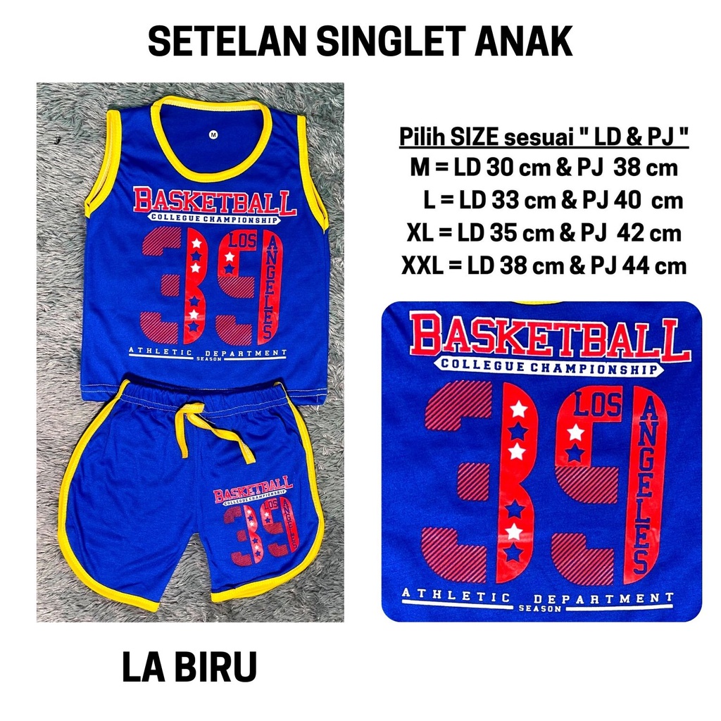 Setelan Anak Laki Laki Stelan Baju Kutung Lekbong Cowok Kaos Bola Basket Singlet Cowo Murah Celana Pendek Harian 3 4 5 6 Tahun Kode 14-14 LA BIRU