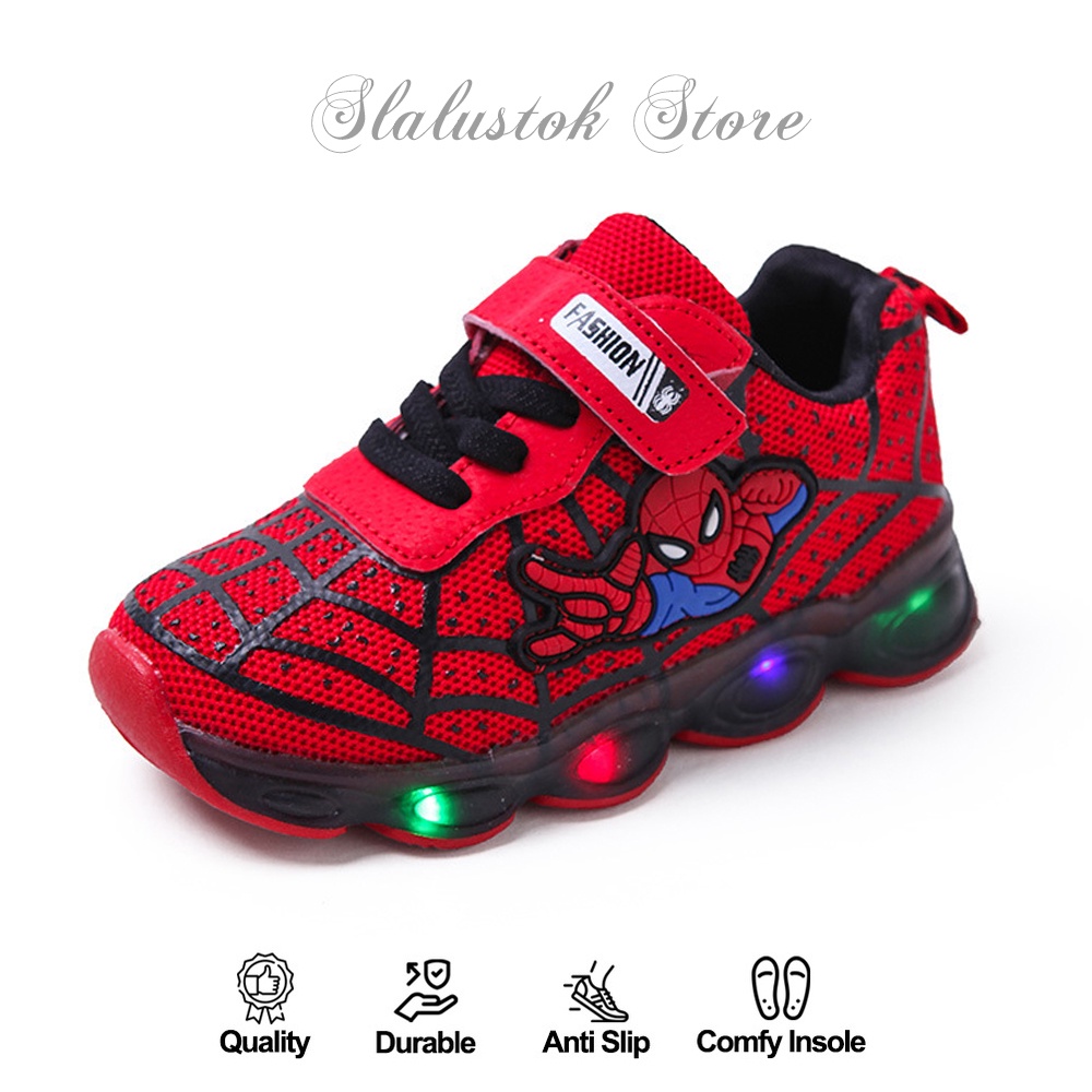 Sepatu Sneaker Anak Laki Laki - Sepatu Anak Perempuan Ultra Light Super LED Sport Import HERO MOTIF SPIDERMAN Running Shoes